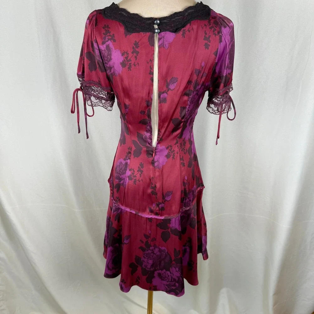 Free People Jos Printed Satin Mini Dress Berry Combo Drop Waist Lace Sz XS EUC